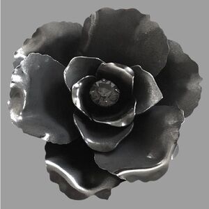 Vintage Flower Rose Brooch Pin Gray Enamel & Shiny Silver Rhinestone Center MCM